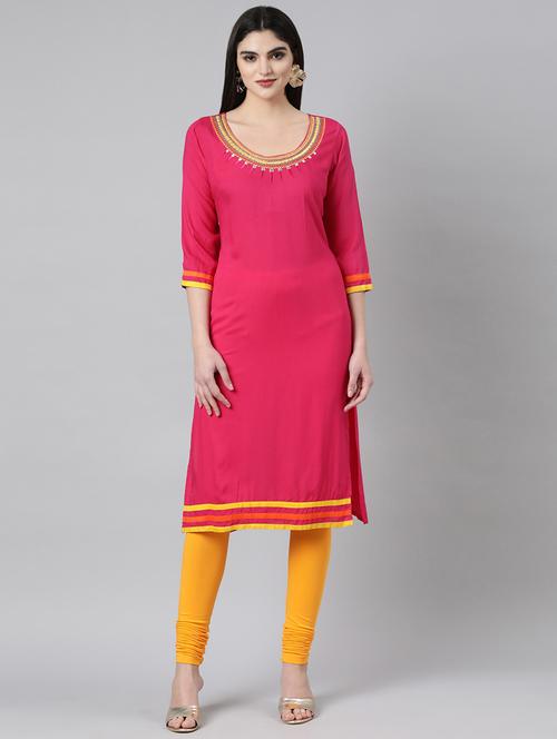 women embroidered three quarter sleeve straight kurta - 21729782 - Standard Image - 0