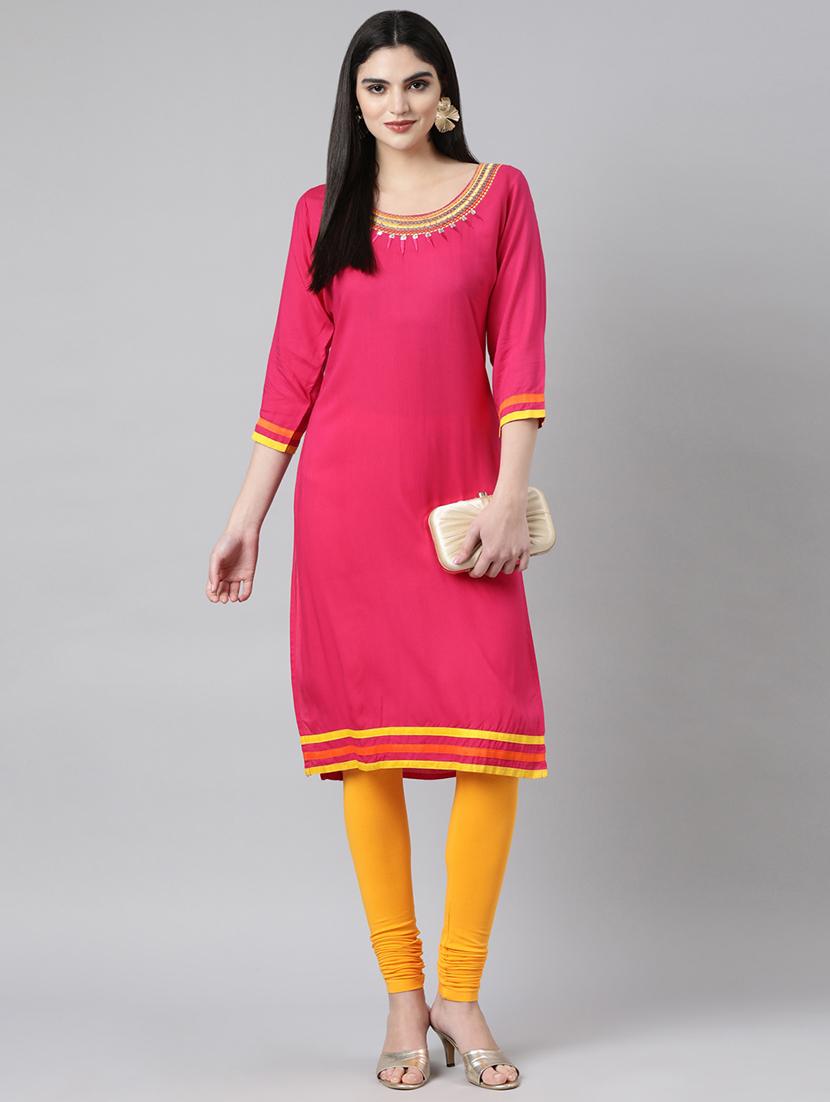 women embroidered three quarter sleeve straight kurta - 21729782 -  Standard Image - 1