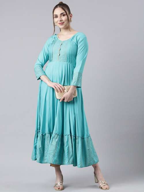 women light blue long sleeve sleeve tiered kurta - 21729785 -  Standard Image - 0