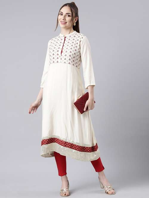 women cream three quarter sleeve a-line kurta - 21729786 -  Standard Image - 0