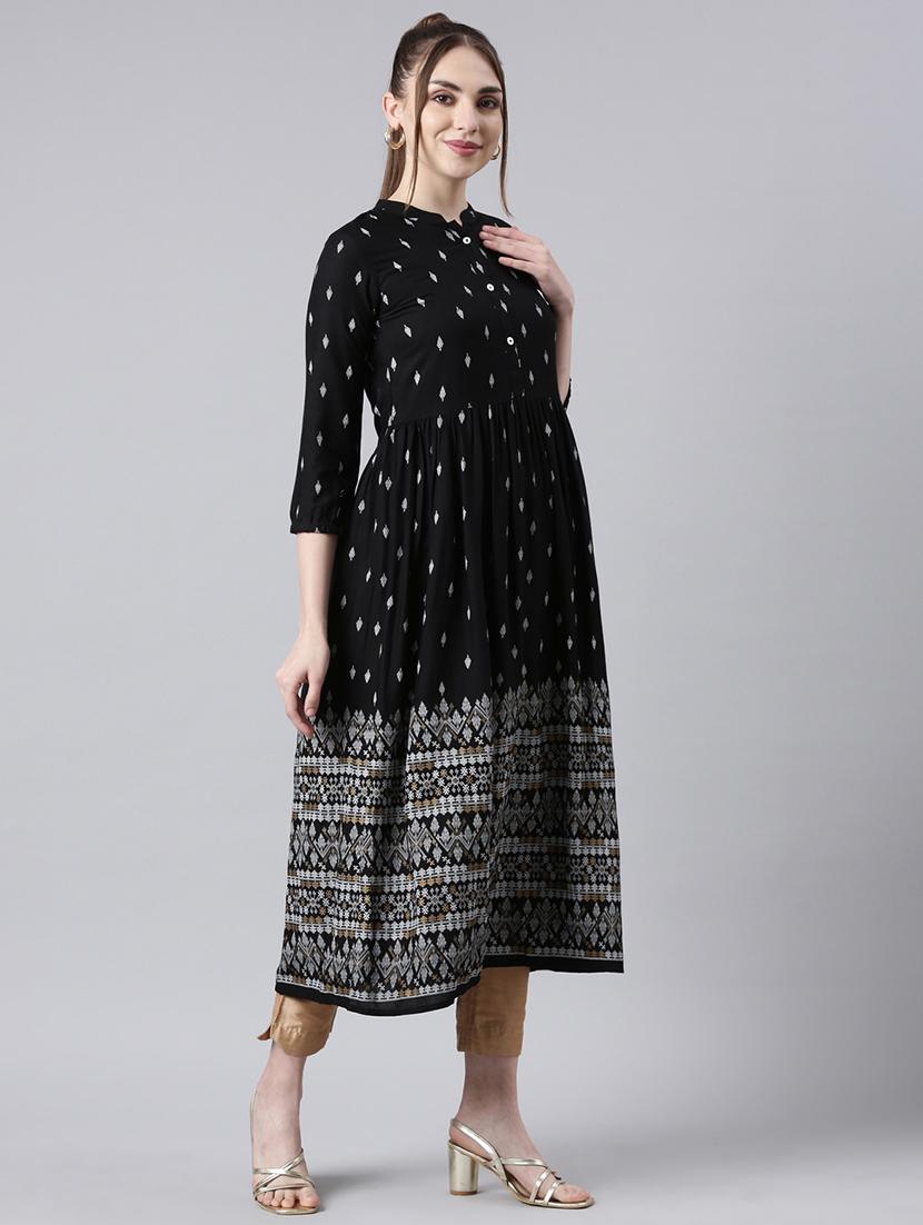 women black printed three quarter sleeve flared kurta - 21729787 -  Standard Image - 1