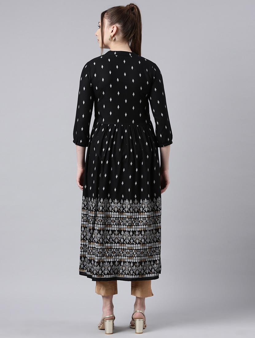 women black printed three quarter sleeve flared kurta - 21729787 - Standard Image - 4