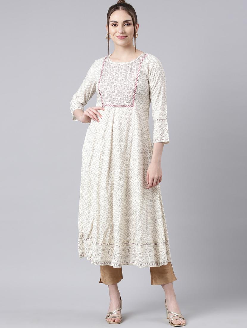 women cream three quarter sleeve flared kurta - 21729788 -  Standard Image - 1