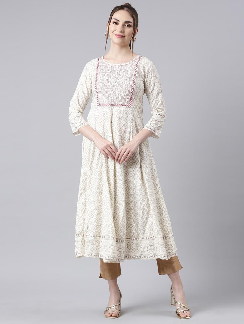 women cream three quarter sleeve flared kurta - 21729788 - Standard Image - 4