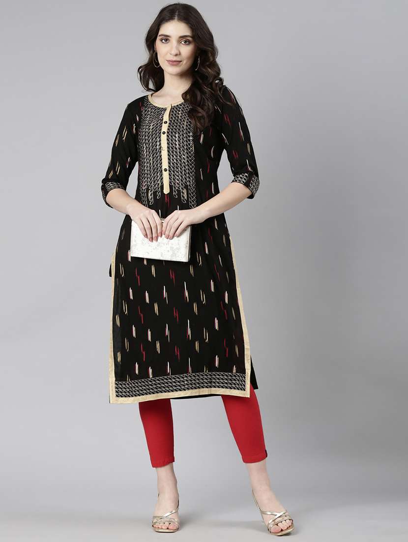 women embroidered three quarter sleeve straight kurta