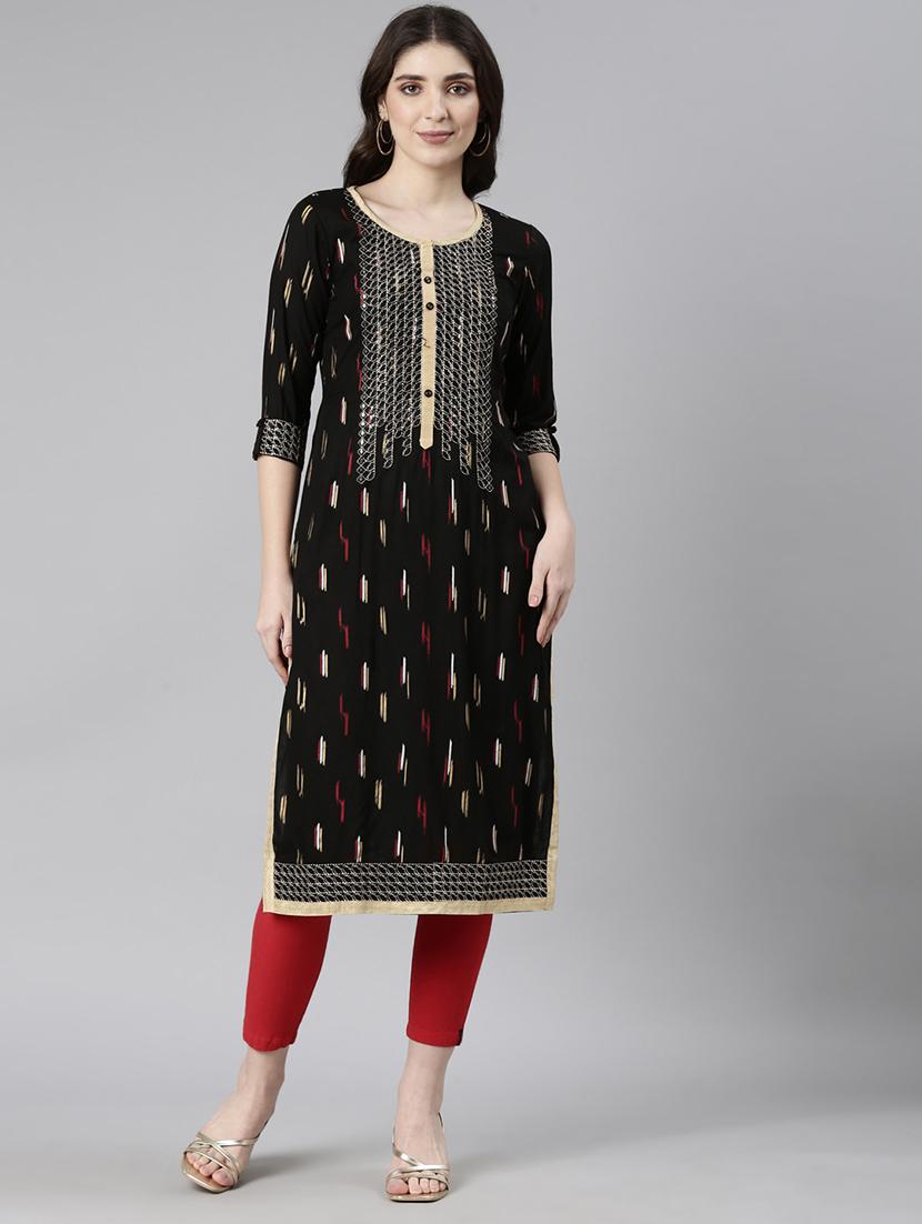 women embroidered three quarter sleeve straight kurta - 21729793 -  Standard Image - 1