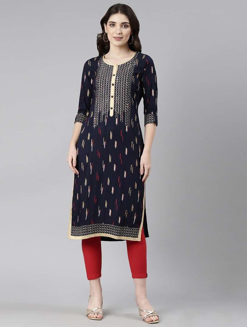 women embroidered three quarter sleeve straight kurta