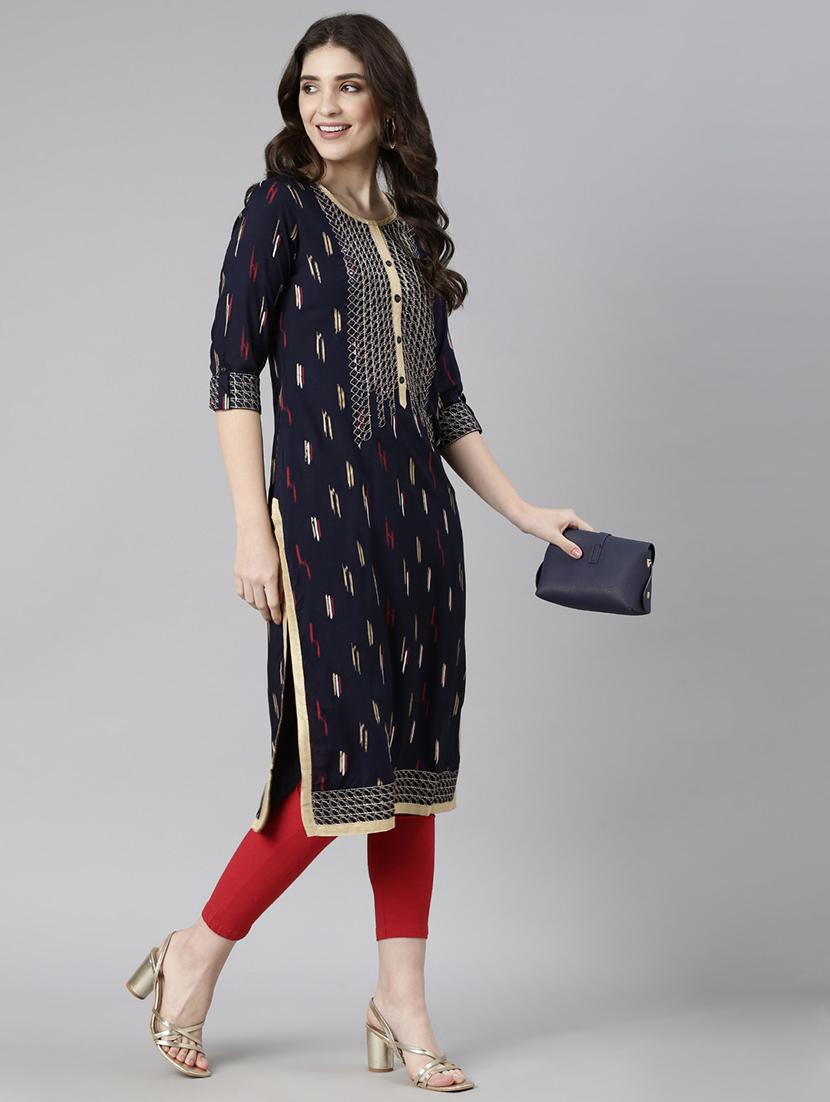 women embroidered three quarter sleeve straight kurta - 21729794 -  Standard Image - 1