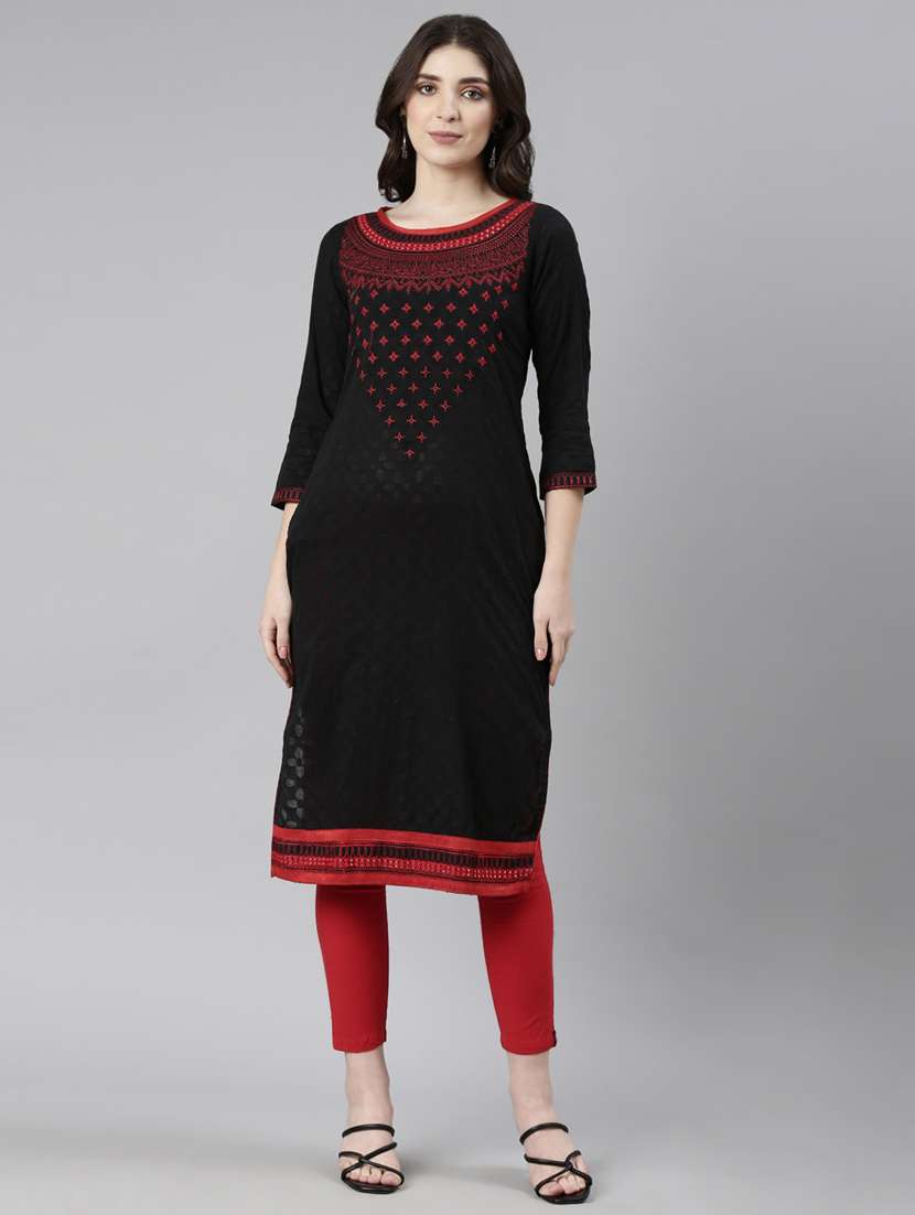 women embroidered three quarter sleeve straight kurta - 21729796 -  Standard Image - 1