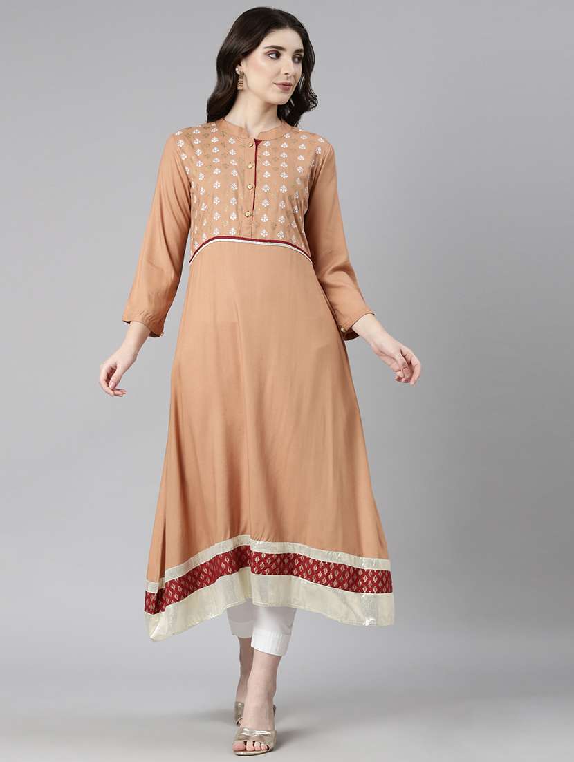 women beige three quarter sleeve a-line kurta