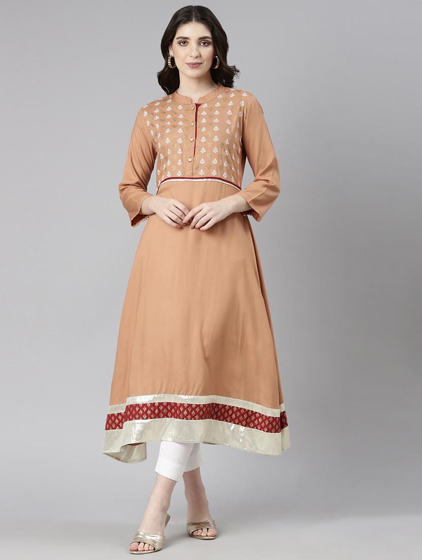 women beige three quarter sleeve a-line kurta - 21729797 -  Standard Image - 1
