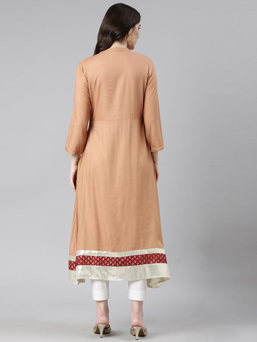 women beige three quarter sleeve a-line kurta - 21729797 - Standard Image - 4
