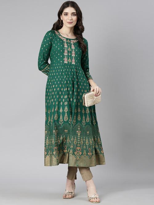 women green three quarter sleeve flared kurta - 21729799 -  Standard Image - 0