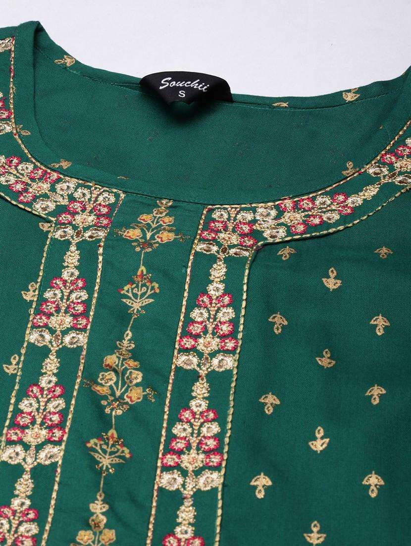 women green three quarter sleeve flared kurta - 21729799 -  Standard Image - 1