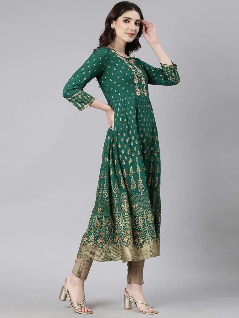 women green three quarter sleeve flared kurta - 21729799 -  Standard Image - 6