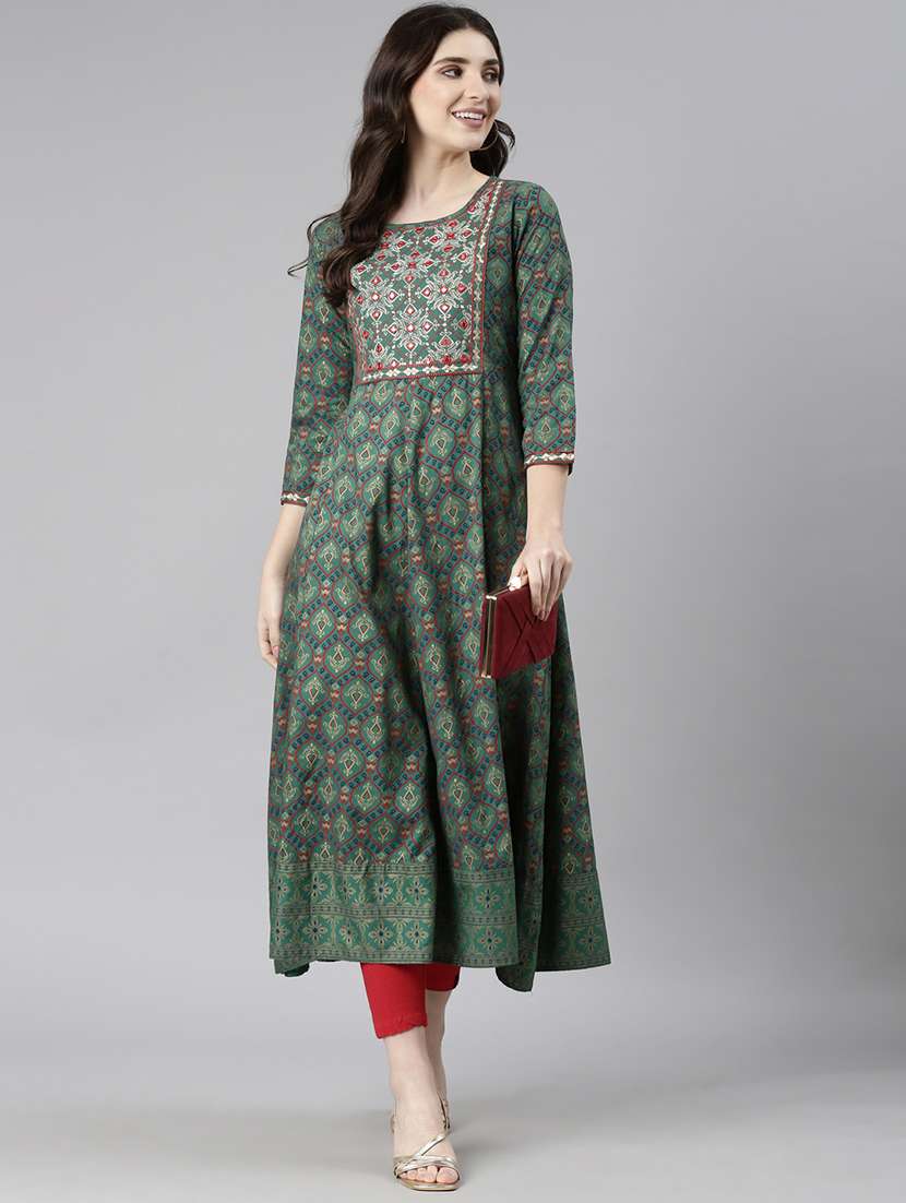 women green three quarter sleeve flared kurta - 21729800 -  Standard Image - 1