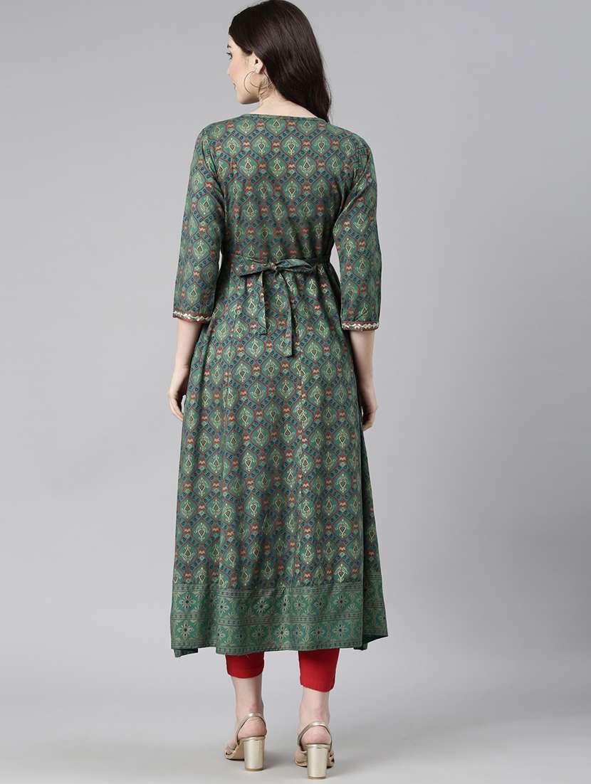 women green three quarter sleeve flared kurta - 21729800 -  Standard Image - 4