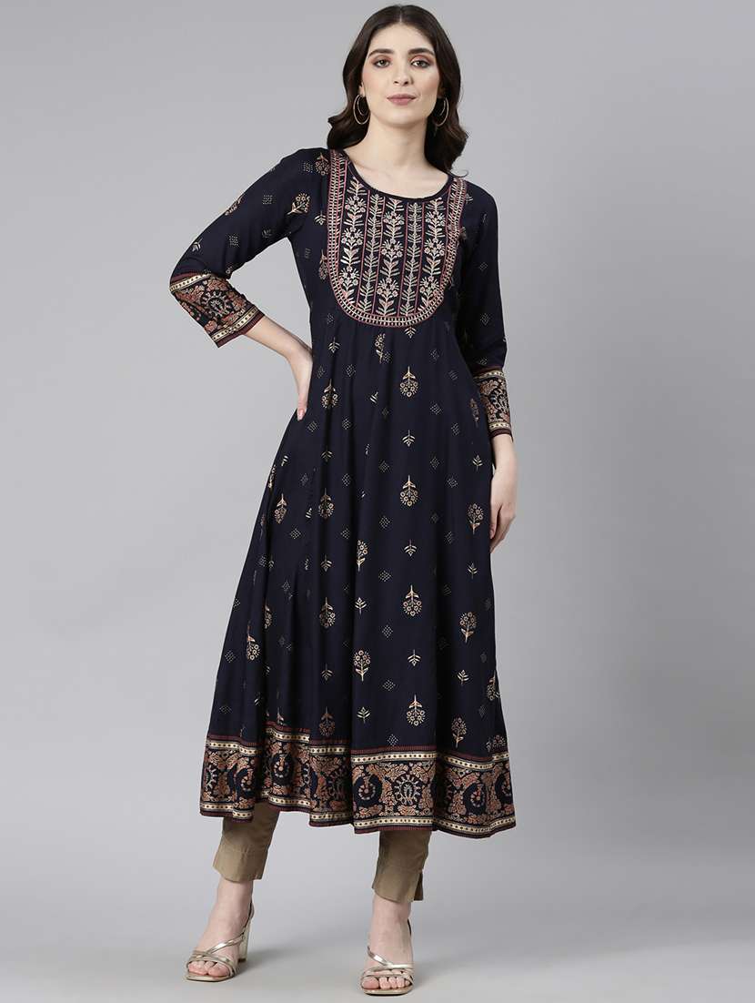 women navy blue three quarter sleeve flared kurta - 21729801 -  Standard Image - 1