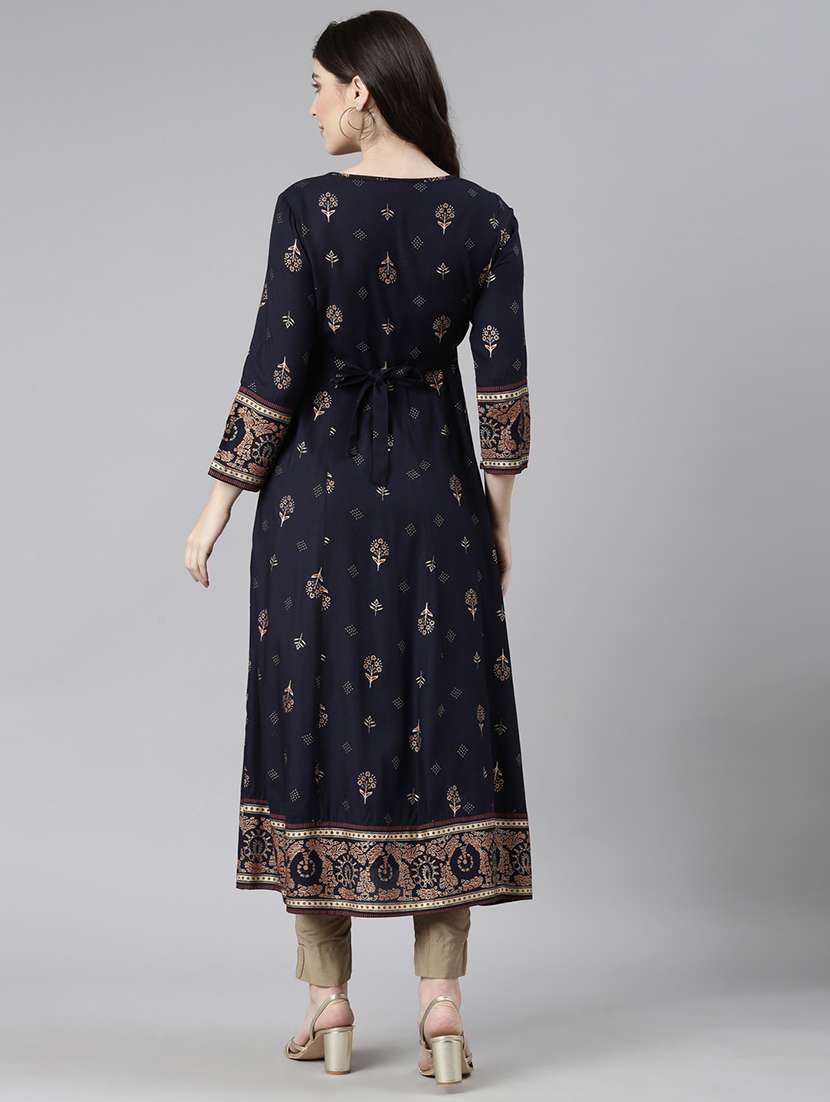 women navy blue three quarter sleeve flared kurta - 21729801 -  Standard Image - 4