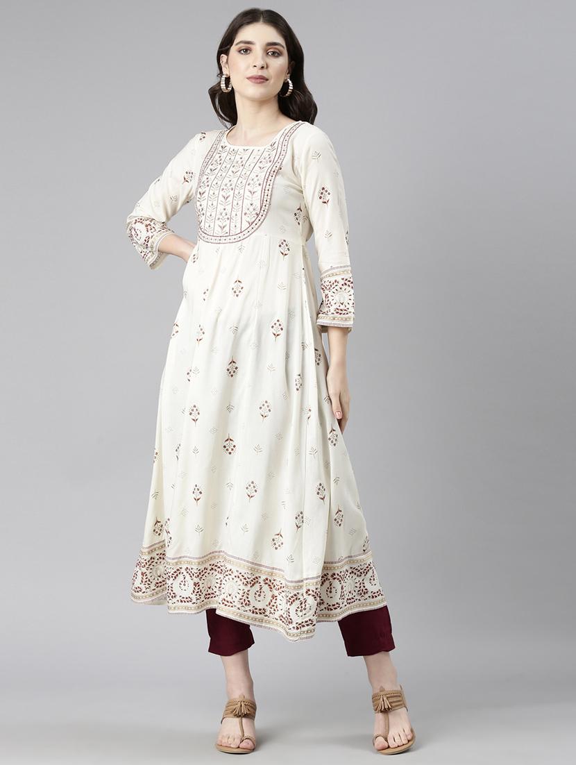 women off white three quarter sleeve flared kurta - 21729803 -  Standard Image - 1