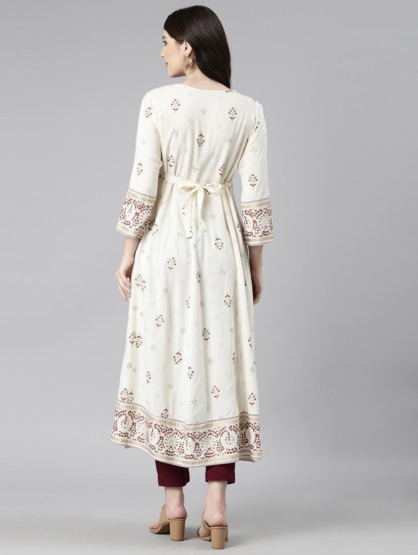 women off white three quarter sleeve flared kurta - 21729803 - Standard Image - 4