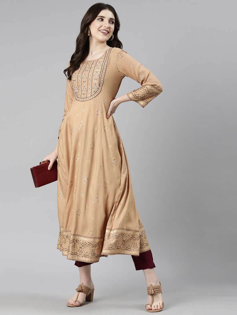 women beige three quarter sleeve anarkali kurta