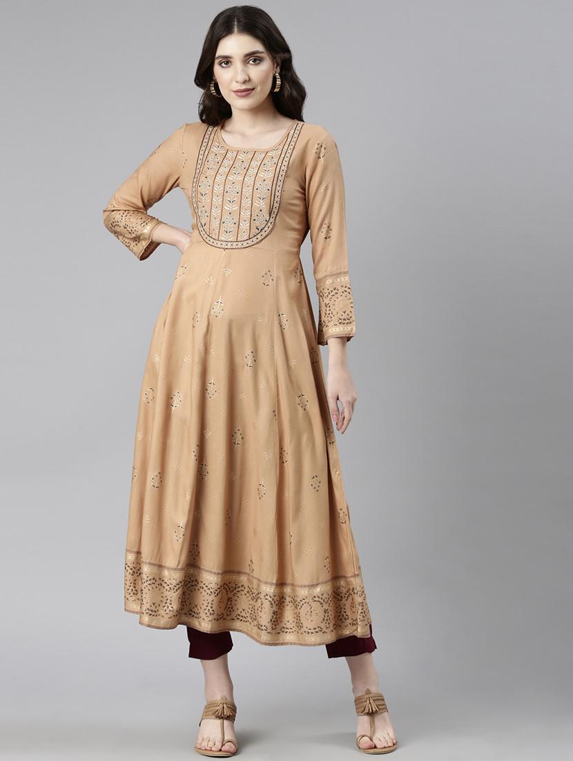 women beige three quarter sleeve anarkali kurta - 21729804 -  Standard Image - 1