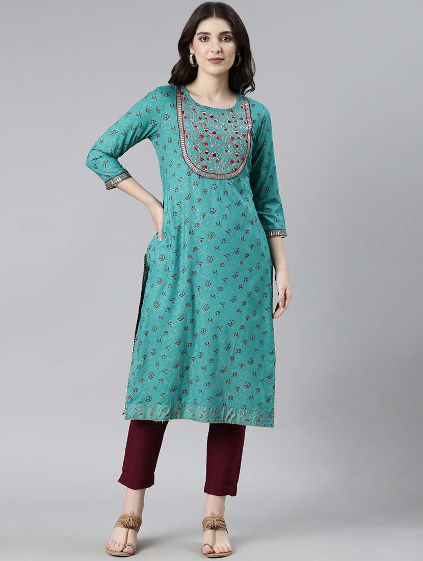 women embroidered three quarter sleeve straight kurta - 21729805 - Standard Image - 1