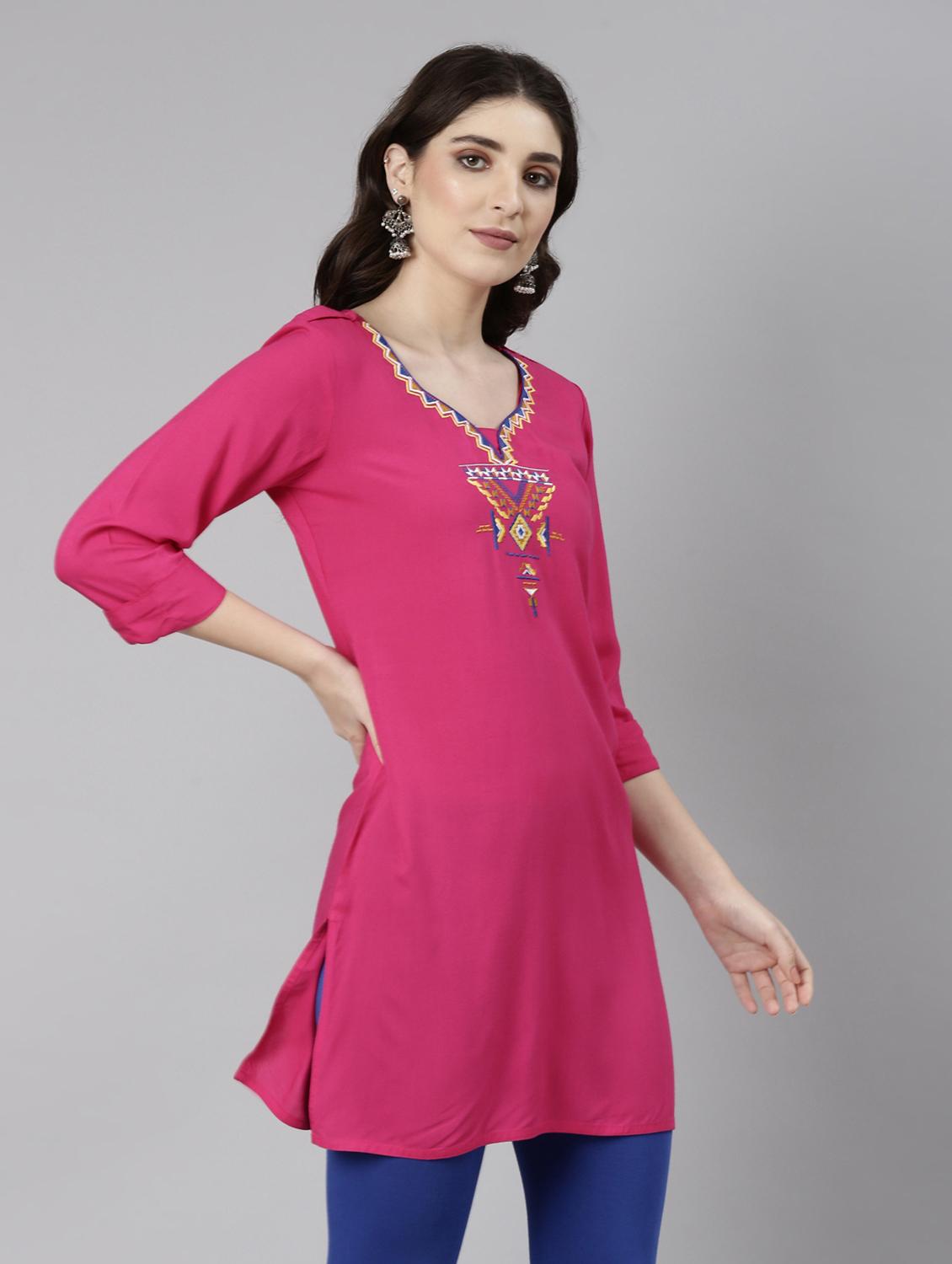 women pink three quarter sleeve straight kurti - 21729806 - Standard Image - 1