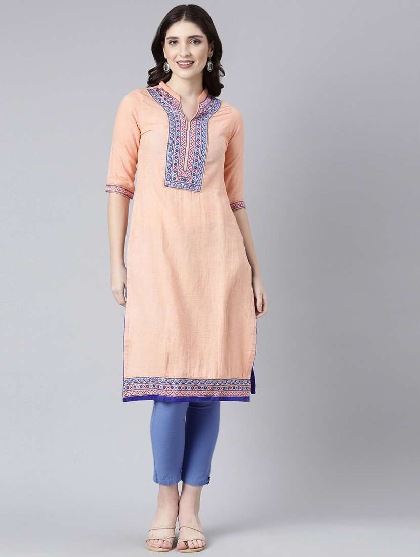 women embroidered three quarter sleeve straight kurta - 21729807 -  Standard Image - 1