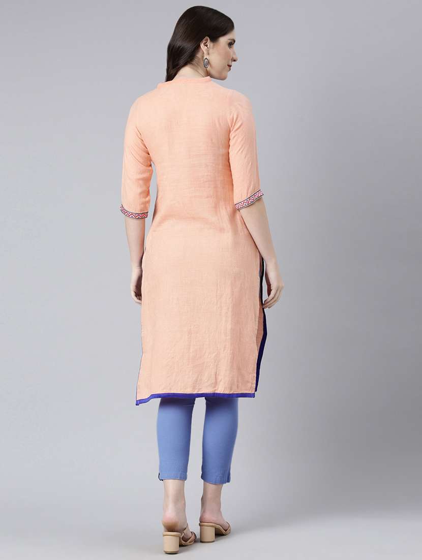 women embroidered three quarter sleeve straight kurta - 21729807 -  Standard Image - 4