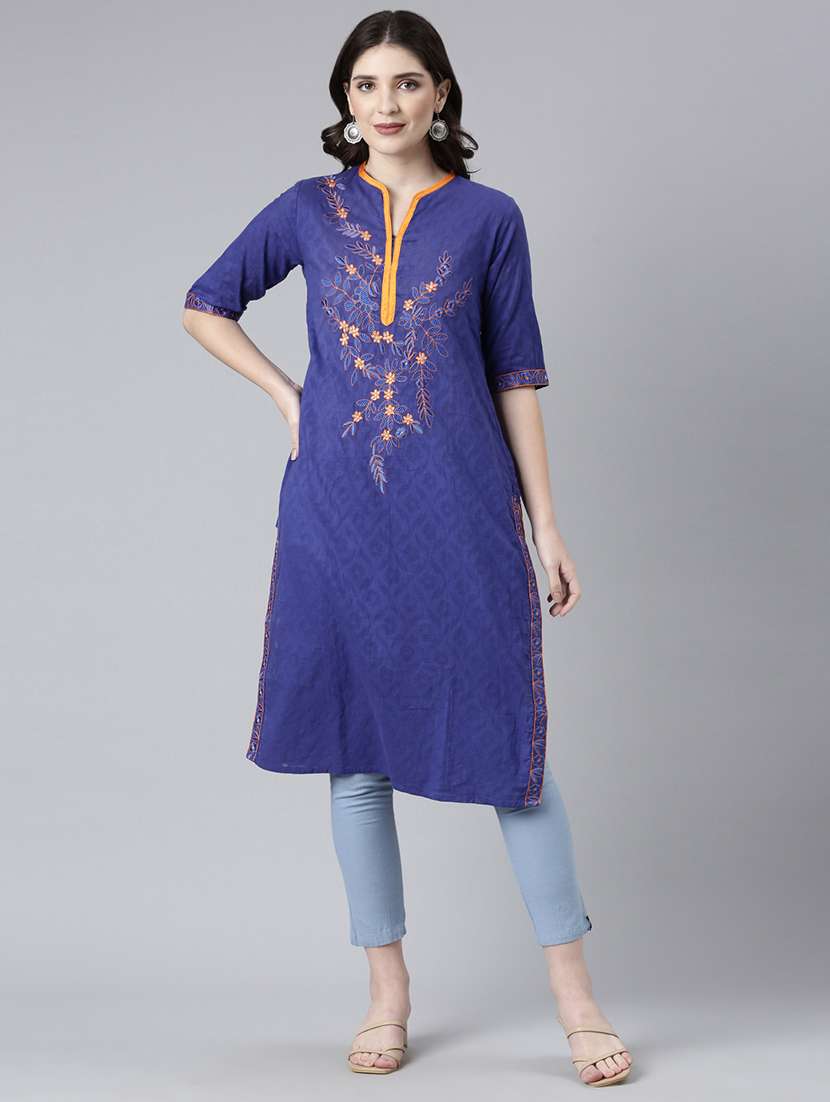 women blue embroidered three quarter sleeve straight kurta - 21729808 -  Standard Image - 1