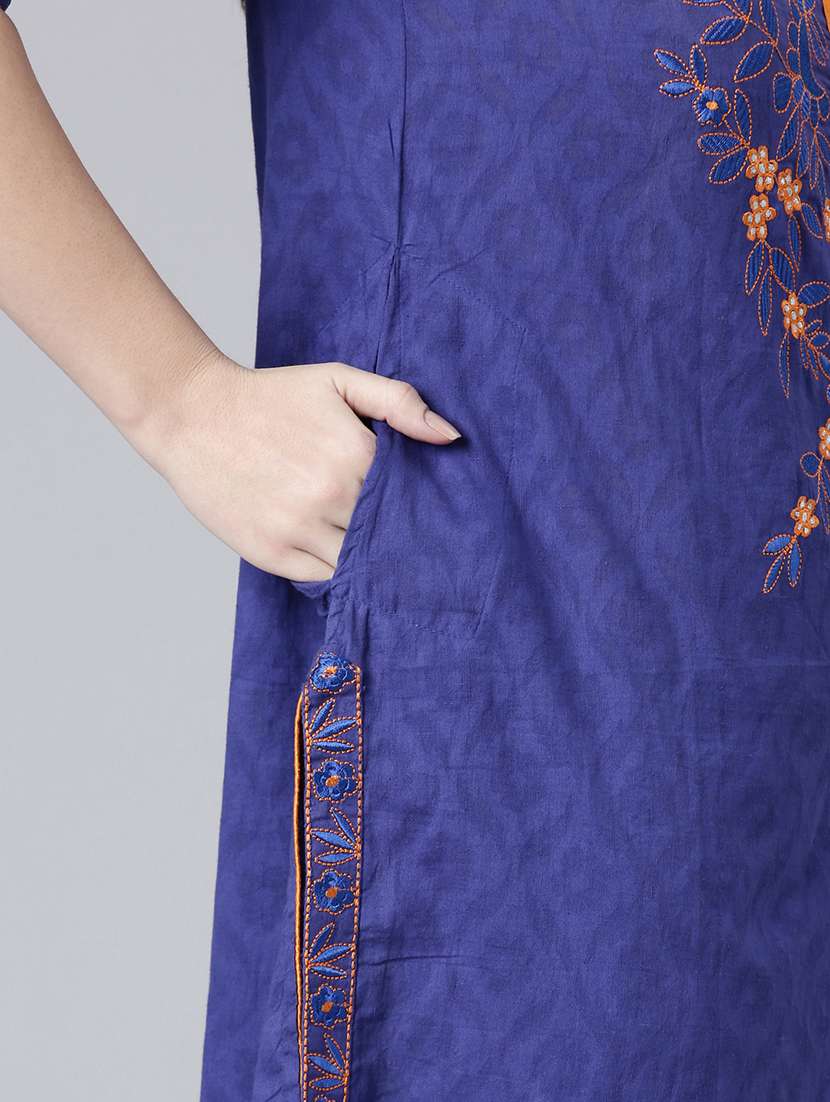 women blue embroidered three quarter sleeve straight kurta - 21729808 -  Standard Image - 6