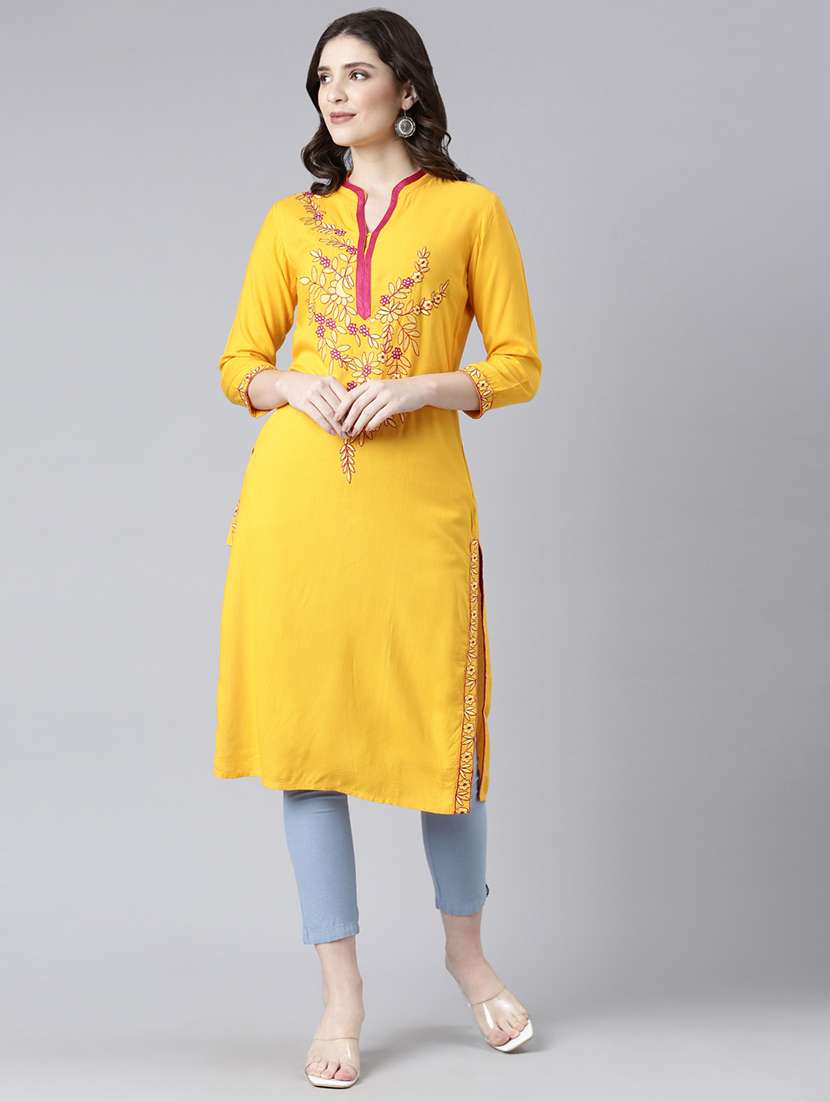women embroidered three quarter sleeve straight kurta - 21729809 -  Standard Image - 1