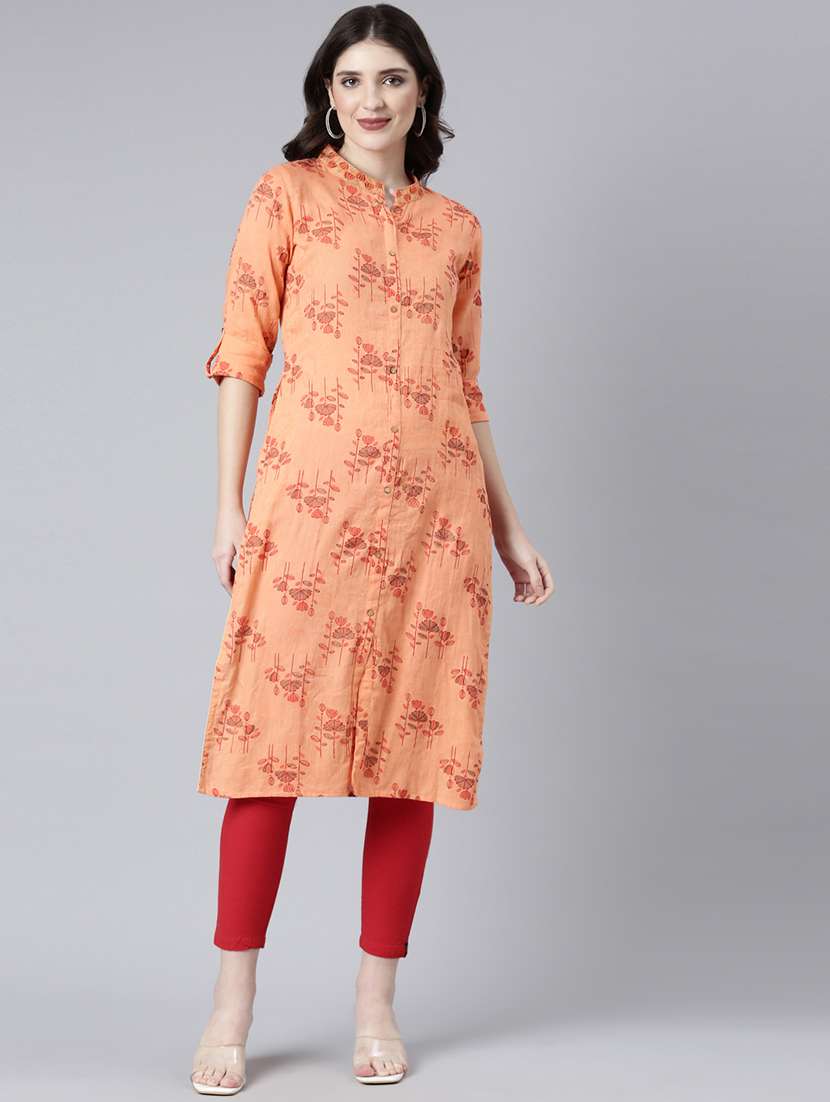 women peach floral roll up sleeve straight kurta - 21729811 - Standard Image - 1