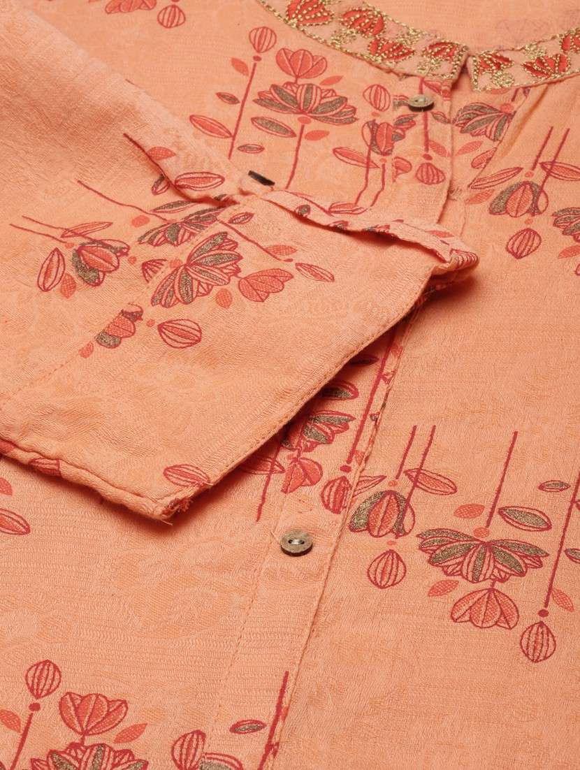 women peach floral roll up sleeve straight kurta - 21729811 - Standard Image - 6