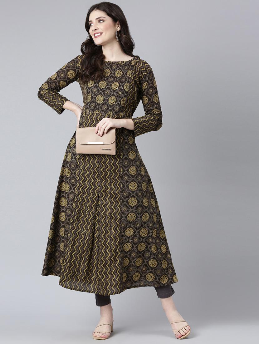 women brown printed long sleeve a-line kurta - 21729812 - Zoom Image - 0