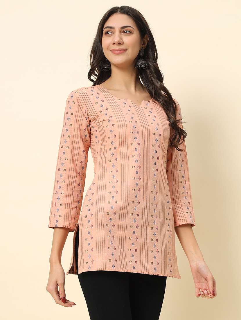 women peach three quarter sleeve straight kurti - 21729861 -  Standard Image - 1