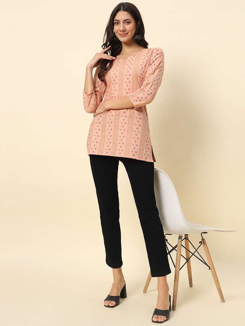 women peach three quarter sleeve straight kurti - 21729861 -  Standard Image - 4