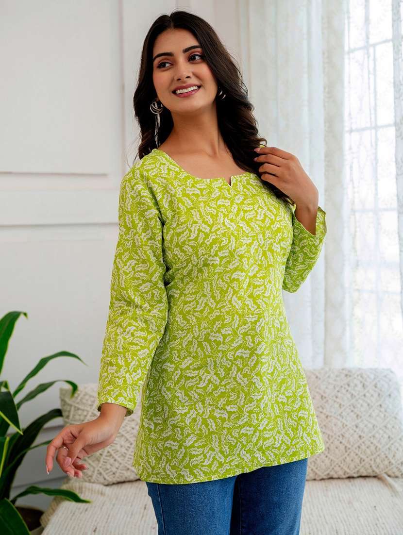 women green printed long sleeve straight kurti - 21729864 -  Standard Image - 1
