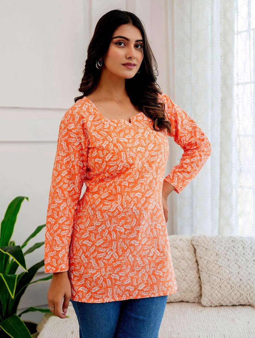 women orange printed long sleeve straight kurti - 21729867 -  Standard Image - 1