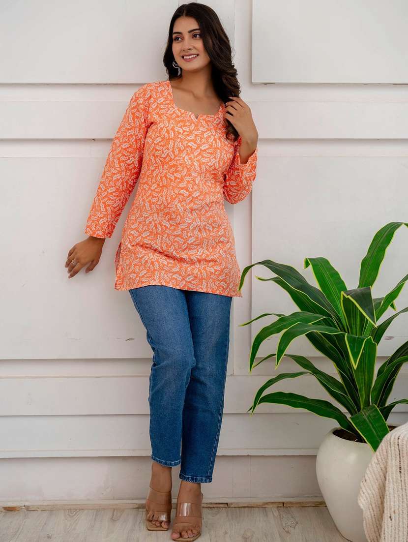 women orange printed long sleeve straight kurti - 21729867 - Standard Image - 4
