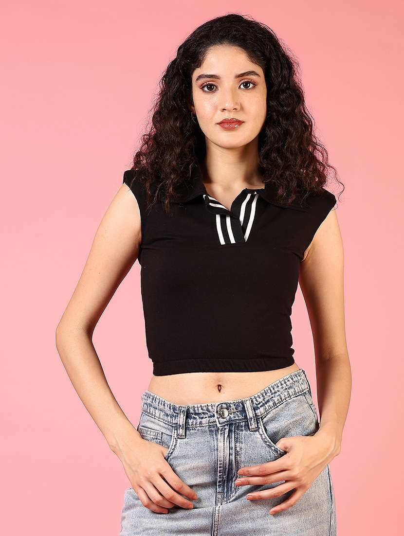women solid sleeveless crop polo t-shirt