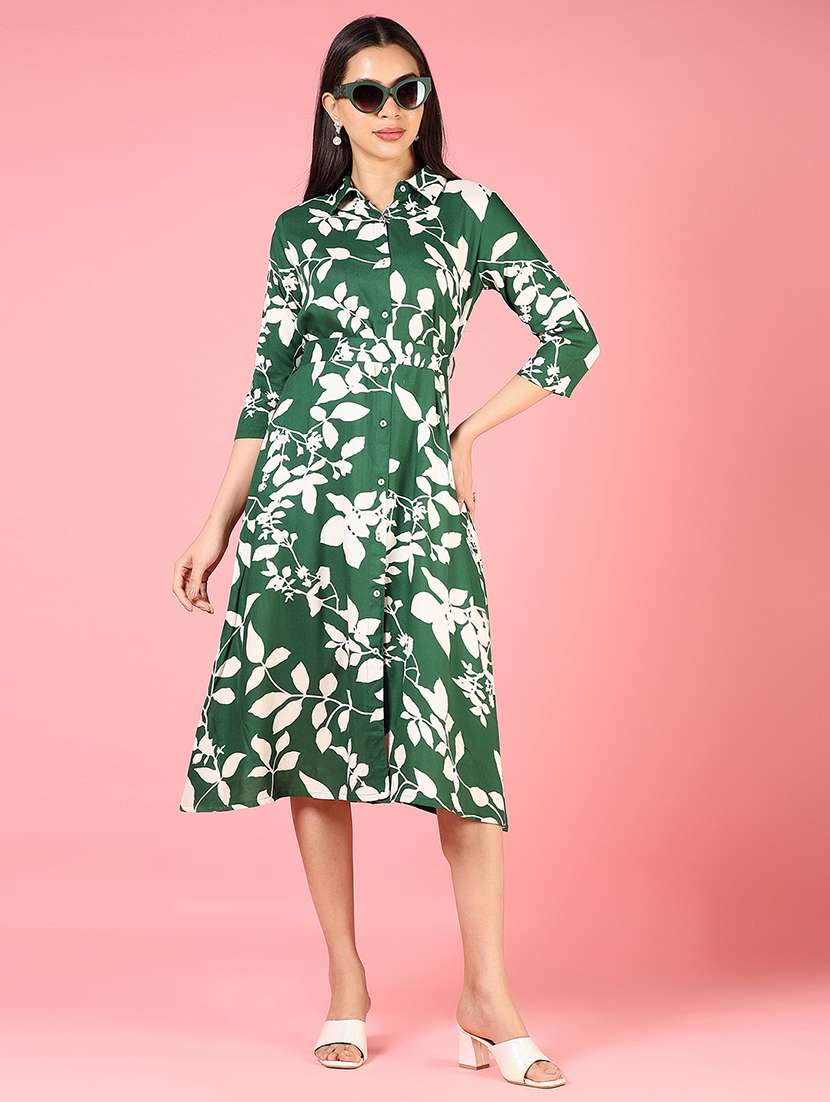 women printed three quarter sleeve fit & flare dress