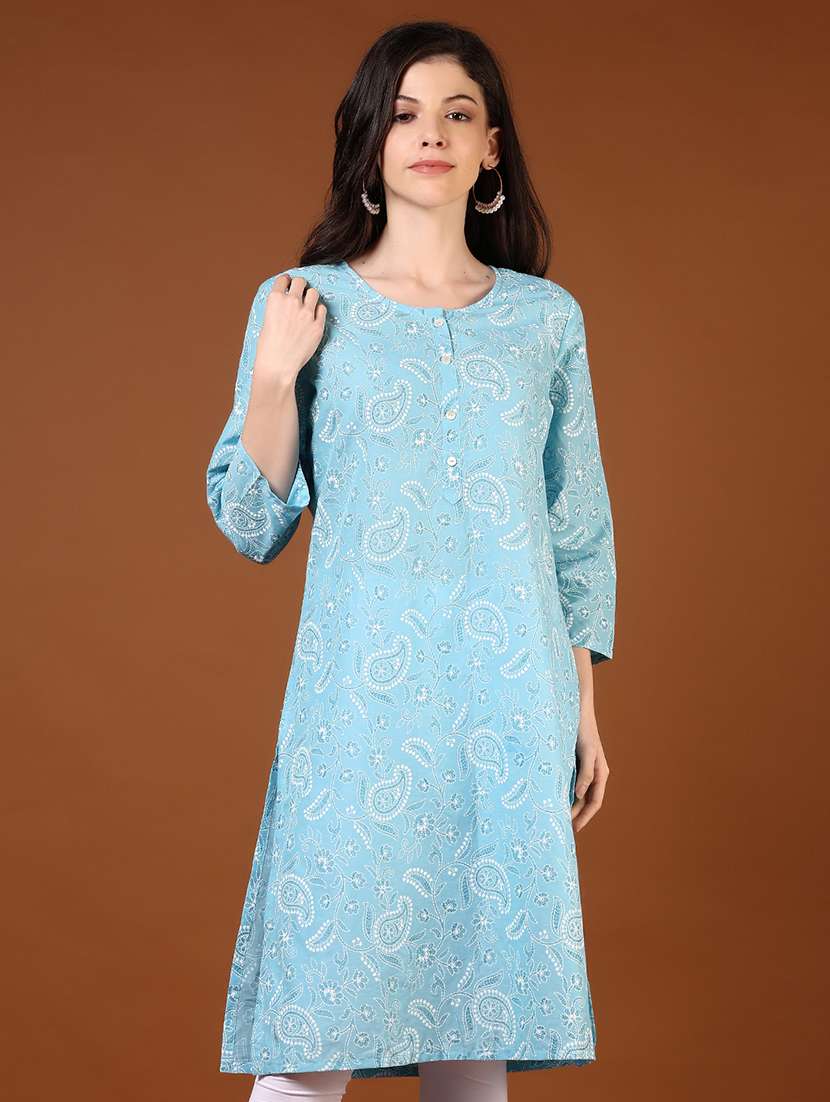 women printed three quarter sleeves straight kurta