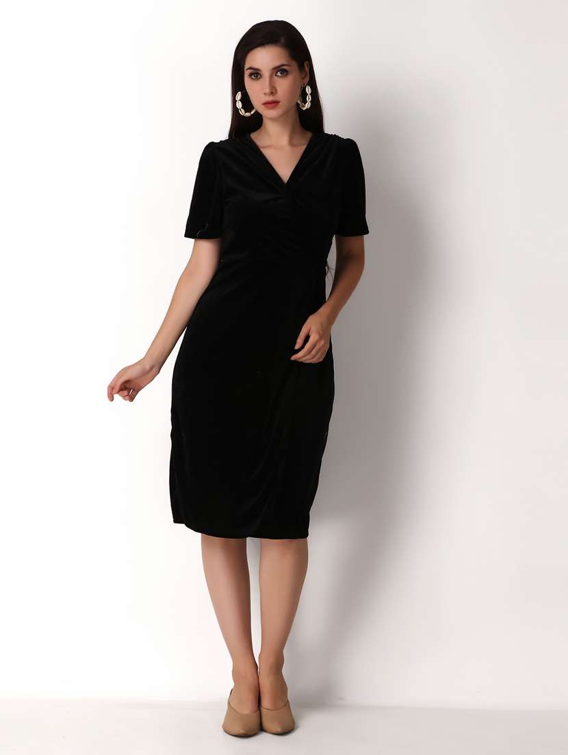 women solid overlap neck wrap dress