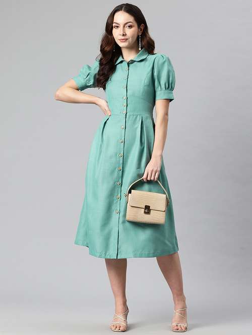women solid collared puff sleeves a-line dress - 21730234 -  Standard Image - 0