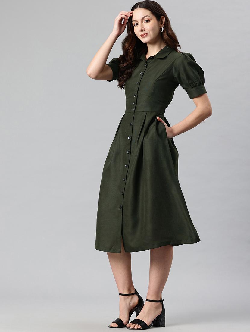 women solid collared puff sleeves a-line dress - 21730235 -  Standard Image - 1