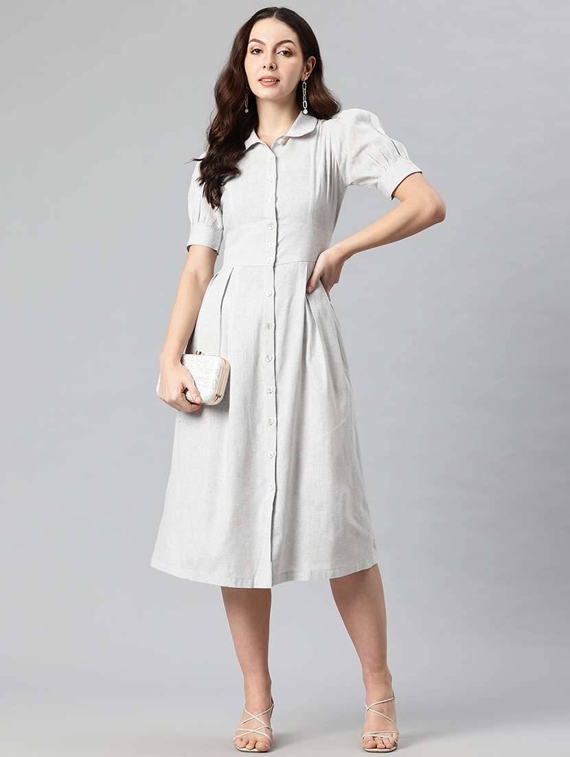 women solid collared puff sleeves a-line dress