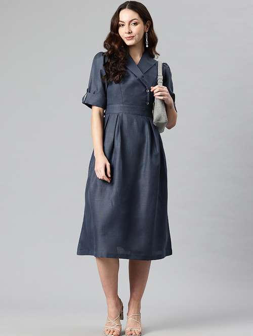 women solid lapel neck a-line dress - 21730239 - Standard Image - 0